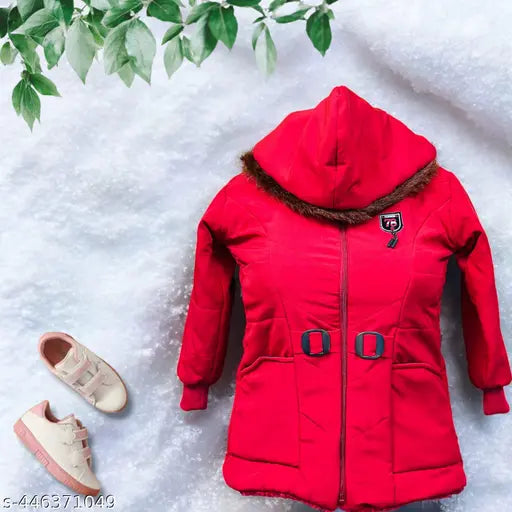 Red coat with fur trim, hoodie style with a zipper