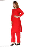 Rayon red embroidery kurta set with palazzos, traditional Indian women's fashion in solid pattern