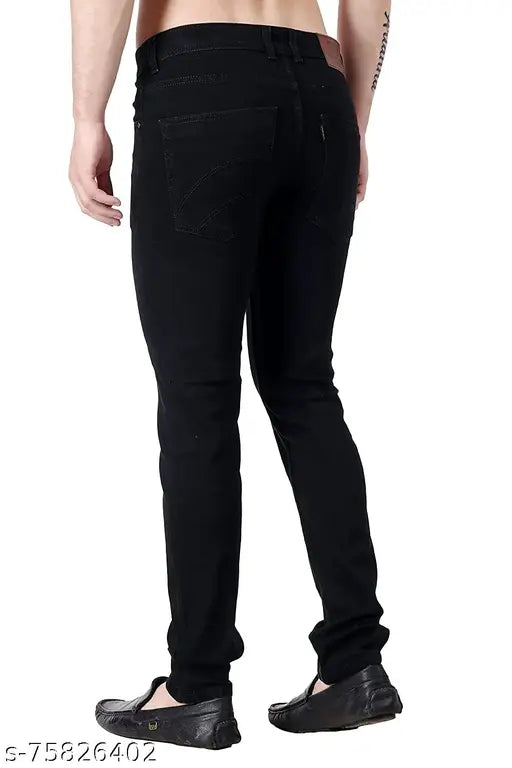 Mens slim fit denim jeans, stretchable fabric for comfortable casual wear. Midrise design with five pockets and belt loops. Black color, suitable for adult men. Made in India