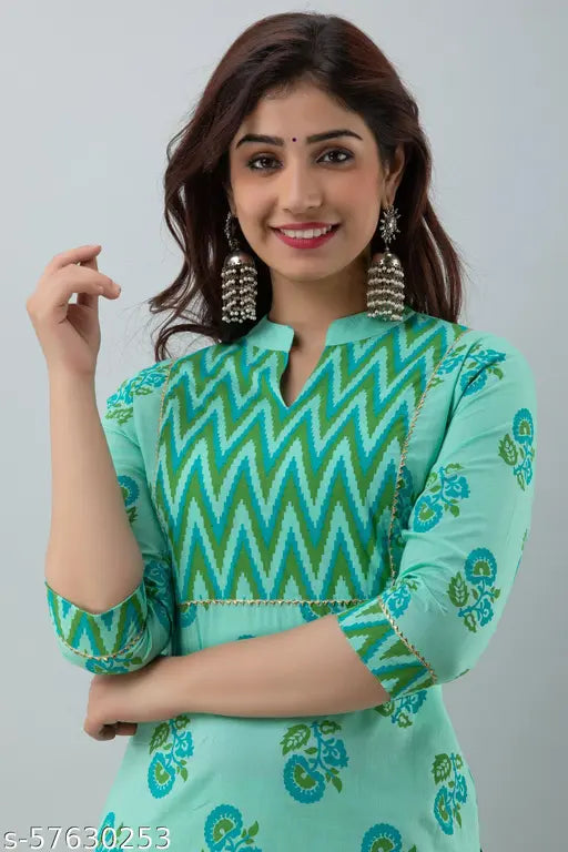 Printed cotton kurta palazzo set with gota patti work, high-quality Indian ethnic wear in three-quarter sleeves