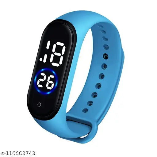 Digital bracelet, blue band with screen displaying time, adjustable for wrist size