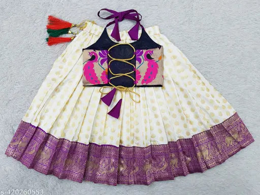 Art Silk baby girl's readymade pattu pavadai lehenga choli, jacquard silk with cotton inner, sleeveless woven design, ready-to-wear full stitched lehenga. Indian-made fashion for special occasions