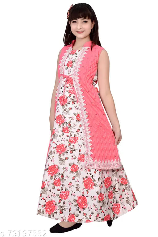 Gajari Flower Printed Cotton Ethnic Dress for Girls - V-neck, sleeveless, belt, ideal for parties and special occasions