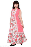 Gajari Flower Printed Cotton Ethnic Dress for Girls - V-neck, sleeveless, belt, ideal for parties and special occasions
