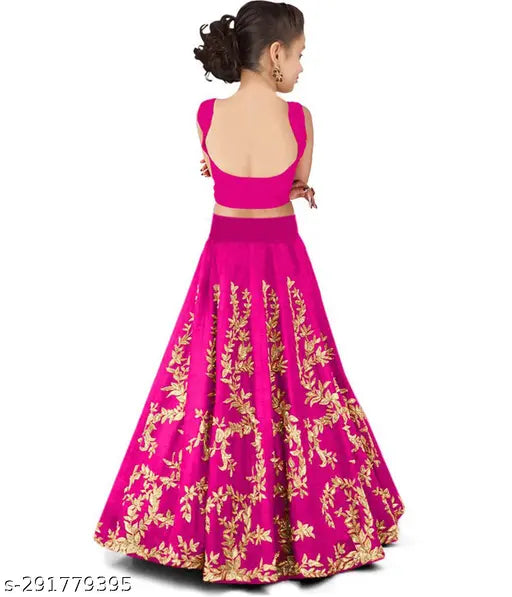 Embroidered art silk lehenga choli for girls, Indian ethnic wear with net dupatta and short sleeves