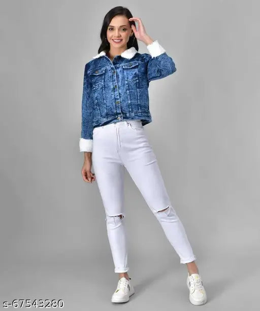 New stylish denim jacket, long-sleeve dyed/washed women's jacket, size S (34in bust, 21in length), made in India