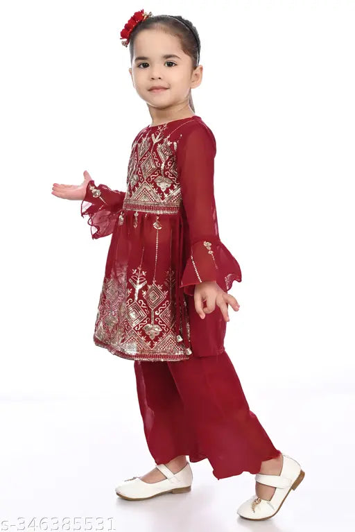 Modern stylist kurty & palazo set in georgette, A-line shape, knee length, embellished sleeves. Girls' outfit with good quality Georgette fabric, sizes: 18-24 Months, 0-1 Years, 1-2 Years. Made in India." (117 characters)