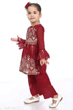 Modern stylist kurty & palazo set in georgette, A-line shape, knee length, embellished sleeves. Girls' outfit with good quality Georgette fabric, sizes: 18-24 Months, 0-1 Years, 1-2 Years. Made in India." (117 characters)