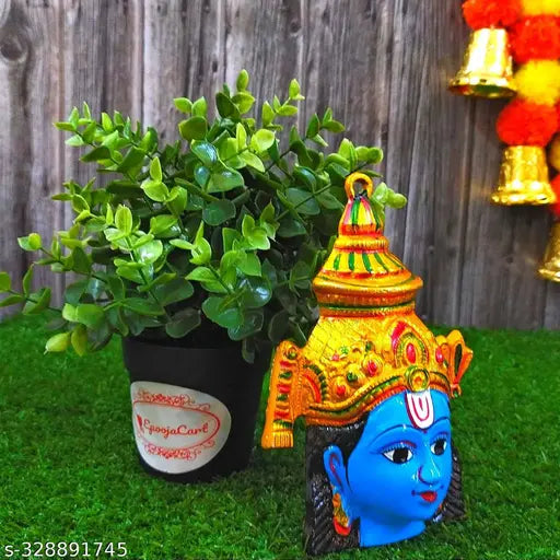 Blue Vishnu face idol, 7-inch, hanging decor for Pooja. Clay, vibrant colors, divine gift.