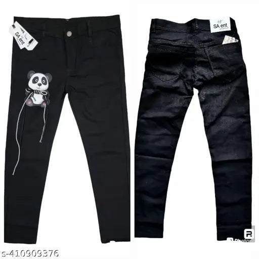 Men's black denim jeans with panda patch, rips on knees, soft cotton comfort, casual cool style, festival-ready fit. Size options: 28 (waist 28in, length 39in), 30 (waist 30in, length 39in), 32 (waist 32in, length 39in). Made in India