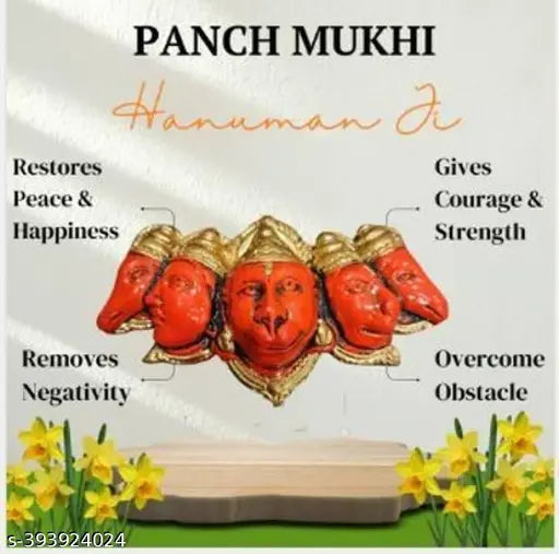 Orange polyresin Panchmukhi Hanuman Ji Murti statue, 17.6 cm wide, ideal for home decor and gifting, protects from evil eye