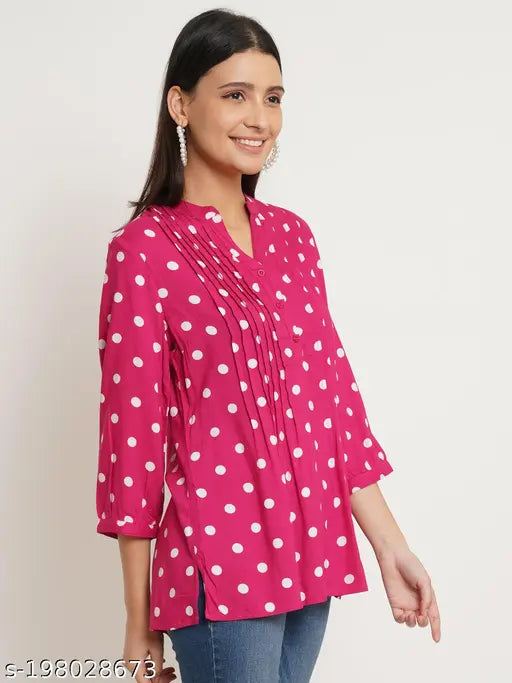 Red & White Polka Dot Print Plus Size Top (Rayon, Three-Quarter Sleeves), India