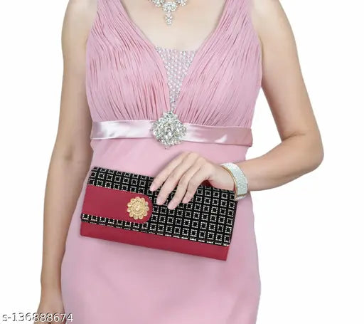 Black and white polka dot clutch, silver sequin belt, pink dress