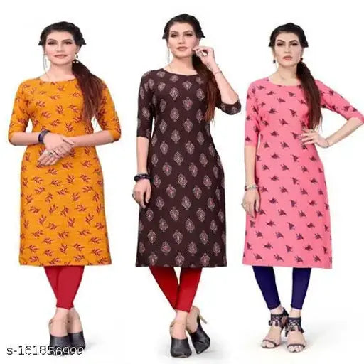 Women's digital printed full stitched straight cut American Crepe kurti combo, 3-quarter sleeve, A-line style for casual and formal occasions. Comes in sizes S to XXL