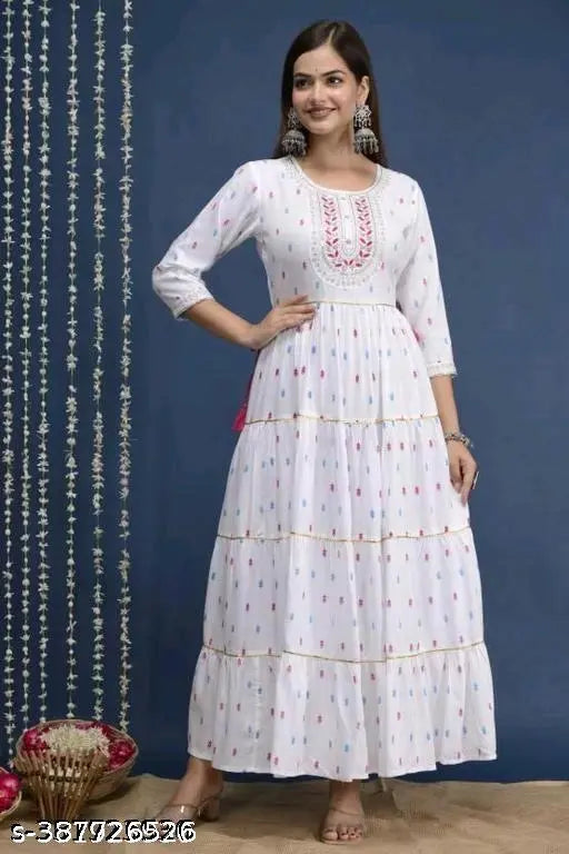 Rayon printed Anarkali Kurta with embroidery, three-quarter sleeves, vibrant Indian fashion