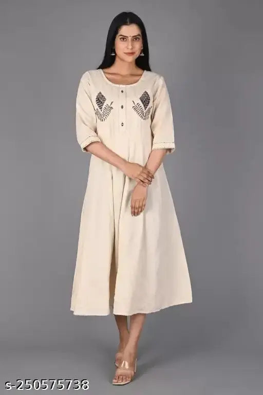 Khaki embroidered cotton women's gown kurta (multicolor, white) - premium quality, machine washable Indian fashion for parties and functions