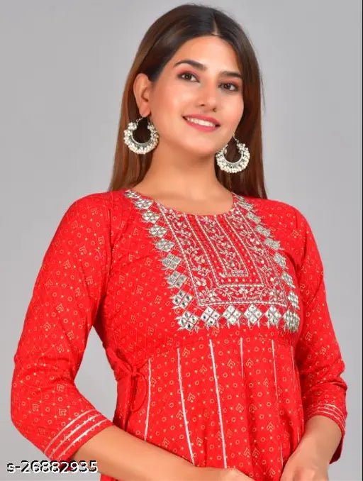 Red & Gold Printed Rayon Anarkali Kurta: Women's three-quarter sleeve festive wear from JK Fashion, India