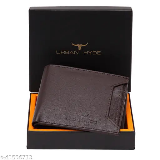 Brown genuine leather men's wallet with 3 compartments, solid pattern, and additional photo/card sleeves for casual, travel, or formal use