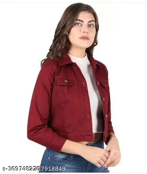 Solid denim women's fashion jacket, three-quarter sleeves, size S (34in bust, 21in length), made in India