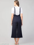 Blue polyester dungaree with white t-shirt on model, Indian women's fashion solid-colored workwear set