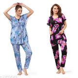 Soft satin kaftan night suit and pyjama combo pack, printed design, loungewear and sleepwear