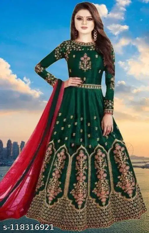 Stylish green taffeta silk gown with long sleeves and embroidered net pattern, free size (bust 62in, length 57in)