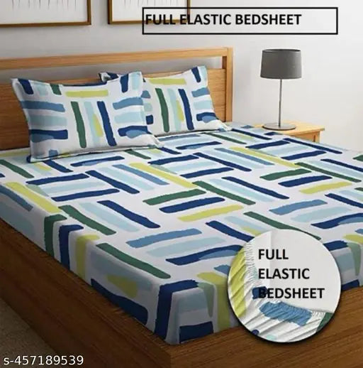 Cotton blend geometric double bedsheet, fitted with 2 large pillow covers - ASHUTOSH ENTERPRISES