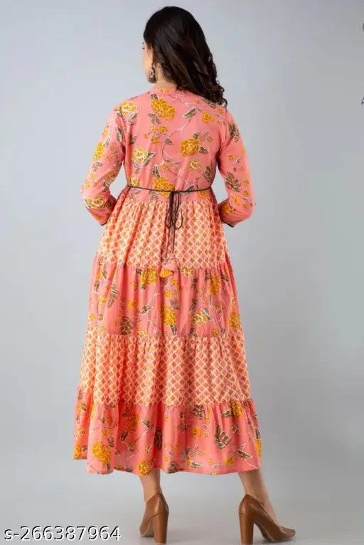 Womens long skirt, orange and black patterned fabric