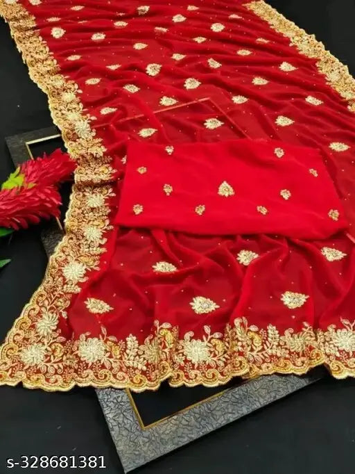 Red georgette saree, heavy embroidery, multiple diamond patterns