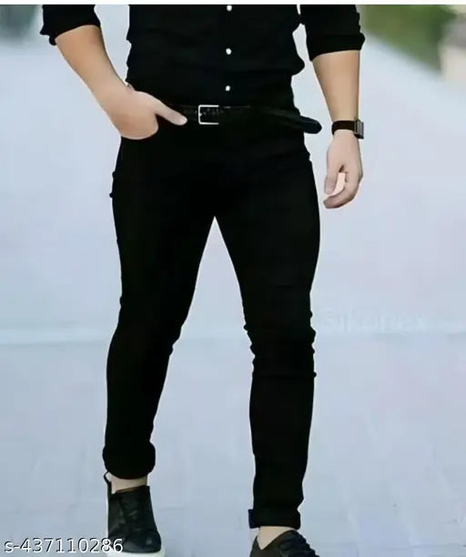 Black slim fit men's denim jeans with cuffed bottoms