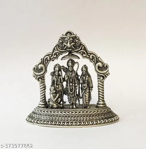 Silver Ram Darbar art piece, intricately-designed religious idol from India for car decoration