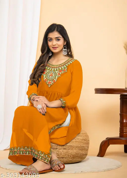 Georgette Naira cut embroidered three-quarter sleeve Kurti, solid color Indian women's fashion for parties
