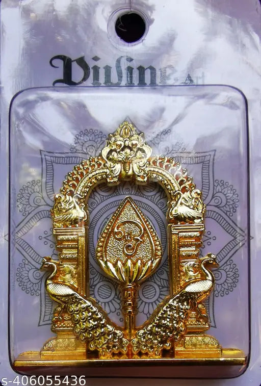 Golden color Murugan Vel with Peacock and Arch (Size 6cm) metal automobile showpiece for car dashboard, pooja room, or office room