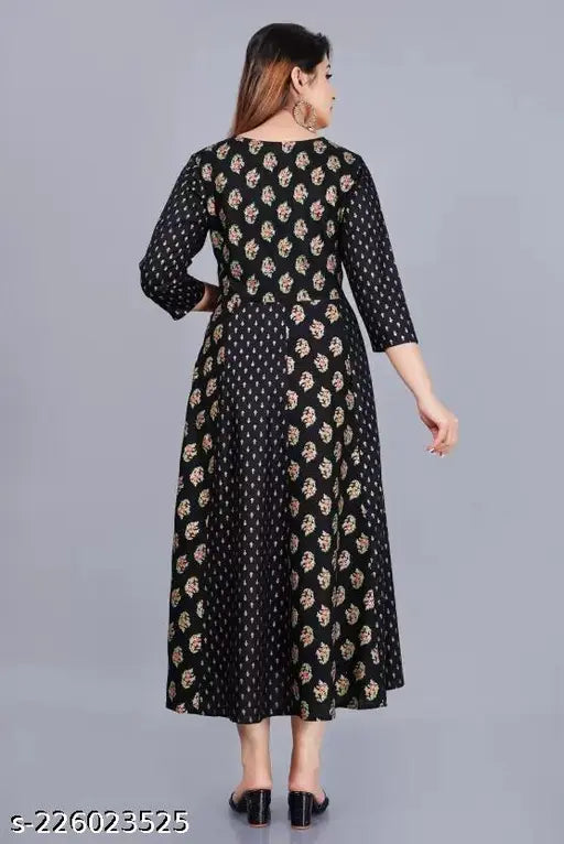 Black flared kurta with gold print on rayon fabric for women, trending fashion accessory