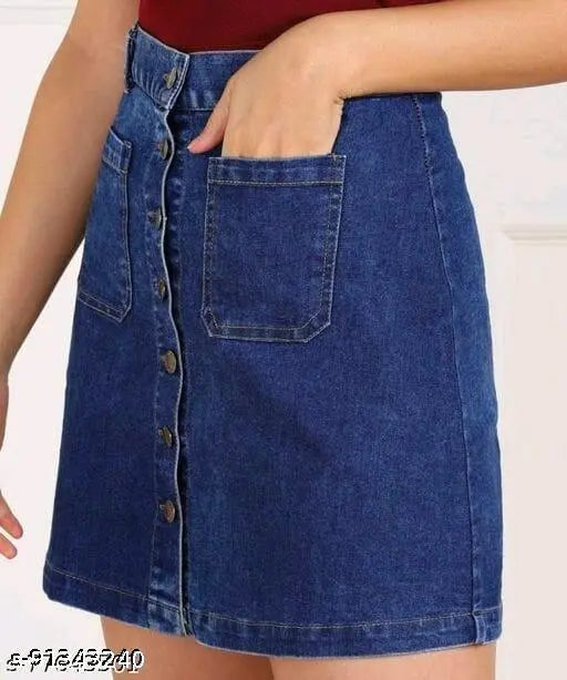 Dark blue denim women's skirt, solid pattern, classic styling and trendy design. Size options: 26, 28, 30, 32, 34, 36 (inches). Made in India