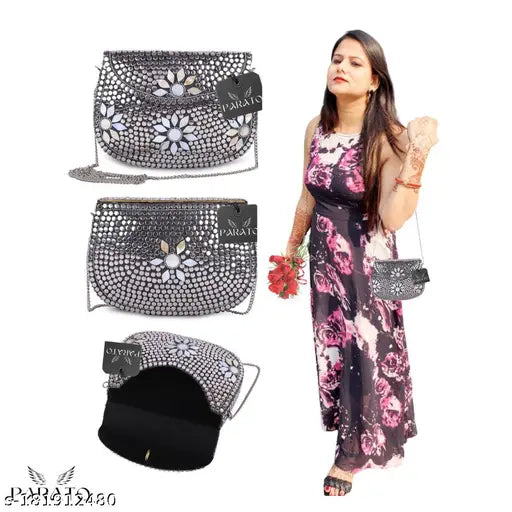 Handcrafted metal bag with intricate silver flower design, 3 compartments