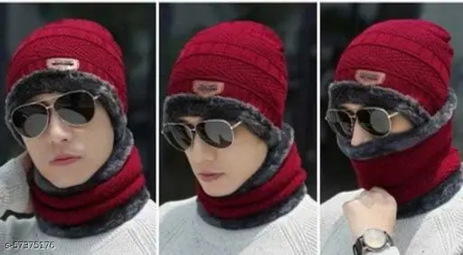 Wool beanie with gloves muffler set, 4-pack in solid color, free size, handcrafted in India