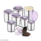Stainless steel canister set of eight, each with a purple plastic lid