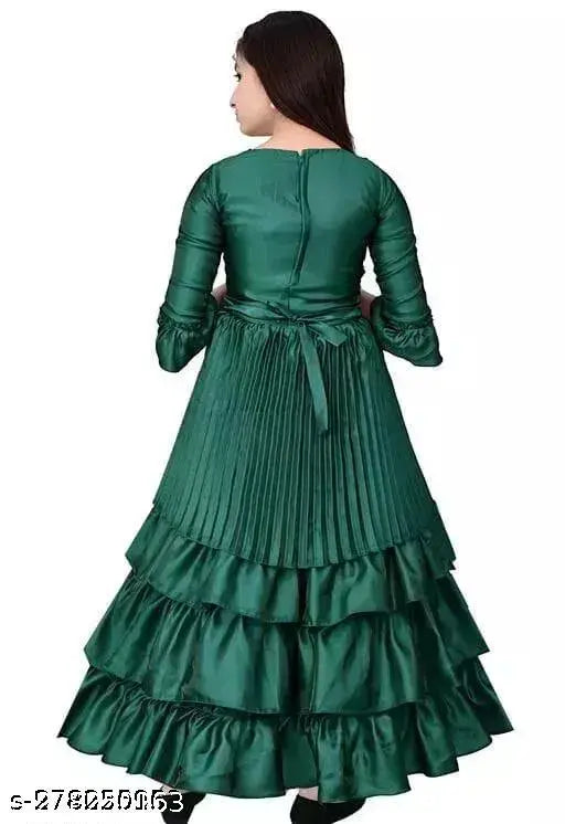 Green silk blend ruffle maxi dress with flared embroidered design and three-quarter sleeves. Perfect for 3-15 year old girls' formal or casual events in India