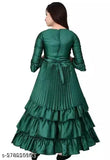 Green silk blend ruffle maxi dress with flared embroidered design and three-quarter sleeves. Perfect for 3-15 year old girls' formal or casual events in India