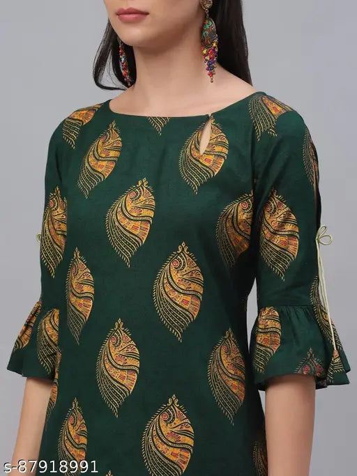Rayon Kurta and Palazzo Set for Women - Printed green and mustard yellow kurta with palazzos, featuring keyhole neck and three-quarter sleeves. Mustard yellow solid palazzos with elasticated waistband and slip-on closure. Indian origin