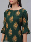 Rayon Kurta and Palazzo Set for Women - Printed green and mustard yellow kurta with palazzos, featuring keyhole neck and three-quarter sleeves. Mustard yellow solid palazzos with elasticated waistband and slip-on closure. Indian origin