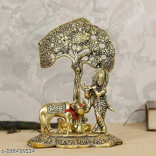 Gold-plated Krishna playing flute idol with Kamdhenu cow under tree, Indian metal showpiece (15cm height)