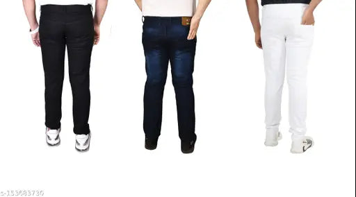 Denim jeans for men's pack of 3, solid pattern, size options include 28, 30, 32, 34, 36 inches. Made in India