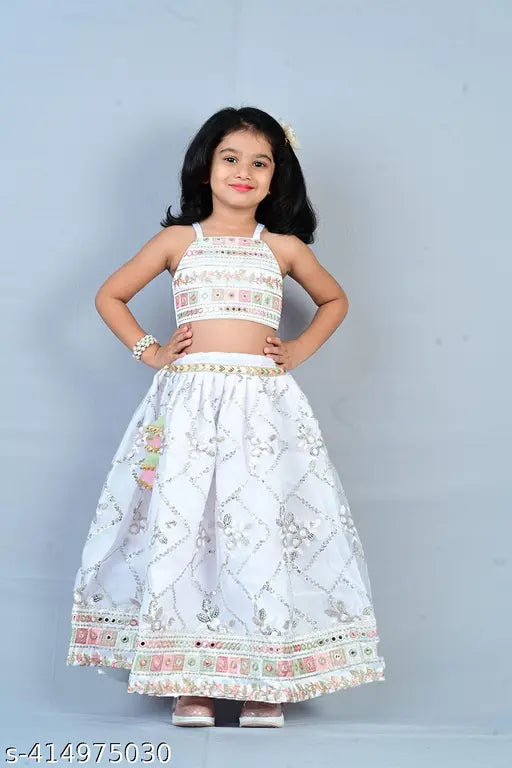 White heavy embroidered Brocade ethnic Lehenga choli for small girls, handcrafted silk blend fabric and georgette dupatta
