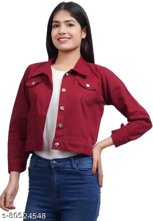 Maroon cotton-blend denim jacket for women and girls, solid pattern on three-quarter sleeves, size S (bust 34in, length 21in), made in India