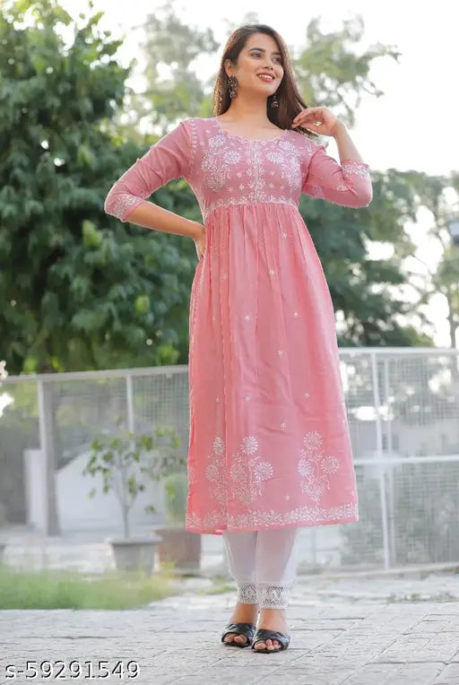 Light pink embroidered women's anarkali kurti