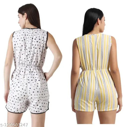 White-yellow striped crepe sleeveless short jumpsuit for women, showcasing elegance and sophistication
