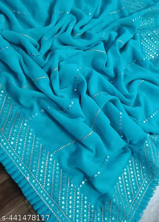 Green fabric, pallu design, sequined work, glamour sari, complete set, accessory