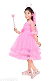 Pink round neck party dress with ruffle trim for girls